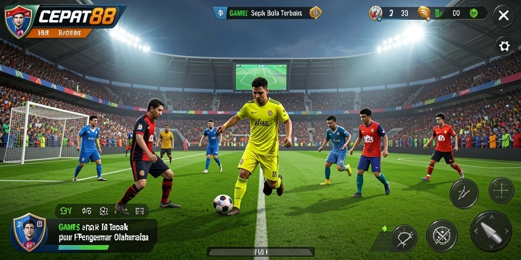 Screenshot utama menunjukkan momen seru dalam gameplay sepak bola.