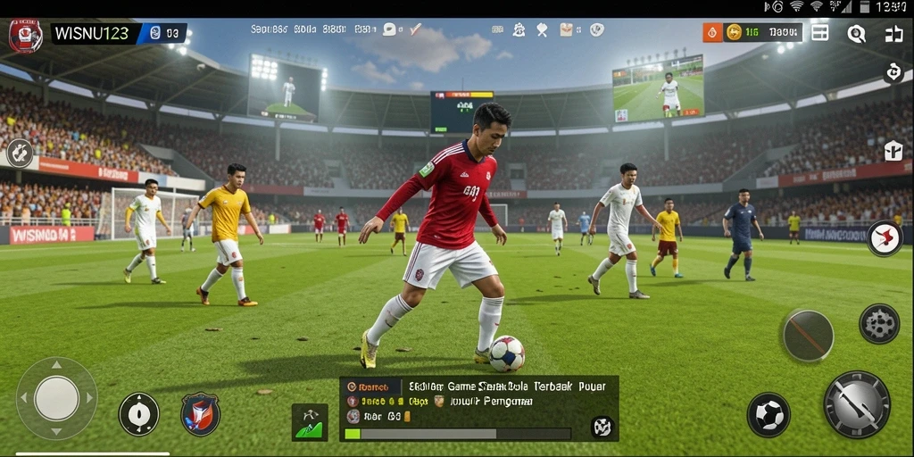 Tampilan gameplay seru dalam WISNU123 yang memperlihatkan aksi sepak bola.